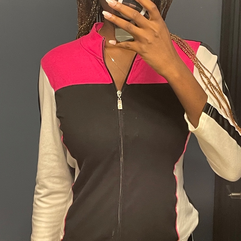 pink, black, and white sports jacket